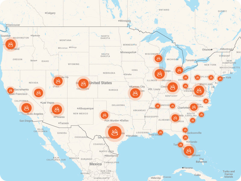 Map showing chef locations across the United States
