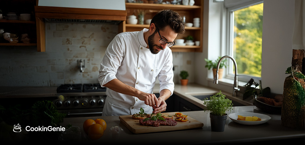 Personal chef plating a gourmet dish in a modern kitchen