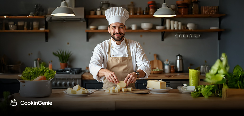 Private chef slicing white cheese in a modern kitchen for CookinGenie