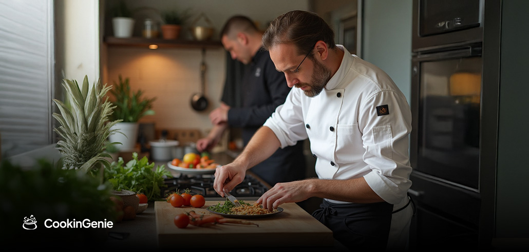 Personal chef preparing a fresh home-cooked meal in kitchen